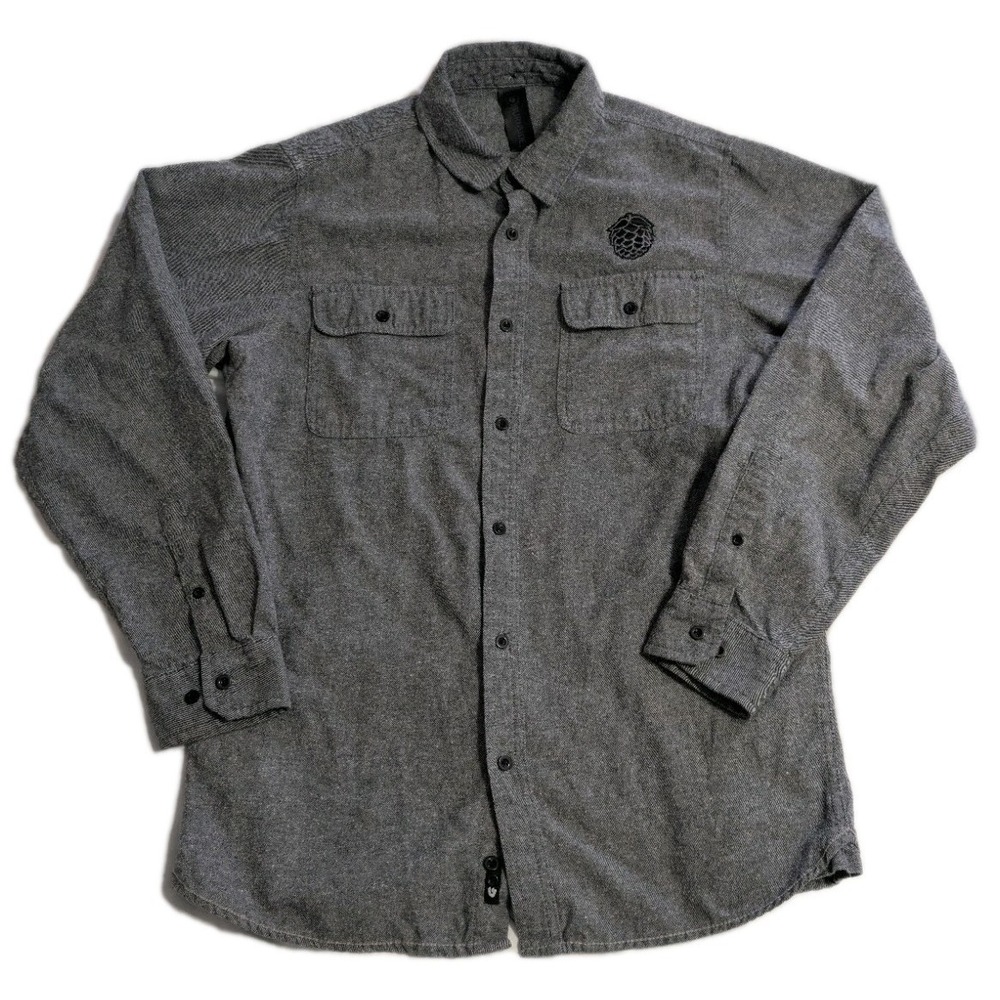 Burnside Mens Medium Gray Flannel Button Up Shirt Hop Cone Logo
